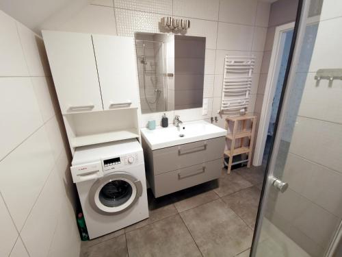 比得哥什Serce miasta -Mostowa Bydgoszcz的一间带洗衣机和水槽的浴室