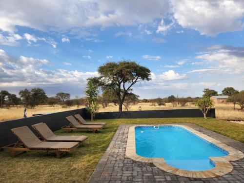HoachanasJansen Kalahari Guest Farm的一个带两把躺椅的游泳池,位于田野旁