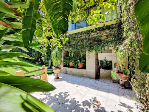 绍其德贝克Rancho La Joya的建筑中种有盆栽植物的庭院