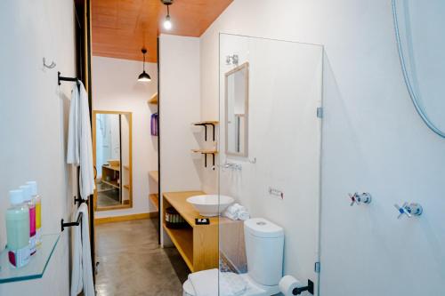 瓦哈卡市Hotel con Corazón的带淋浴、卫生间和盥洗盆的浴室