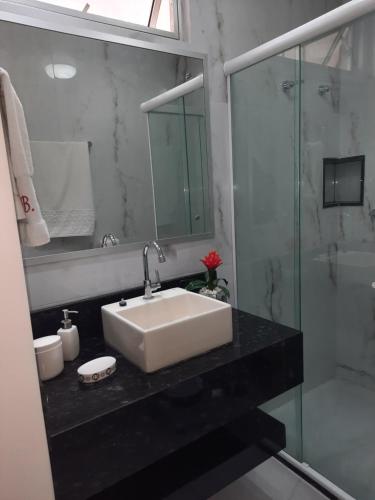 萨尔瓦多Bahia Flat 301的一间带水槽和玻璃淋浴的浴室