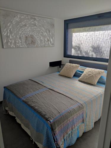 鲁西隆地区卡内L'Orlu Chambres D'Hotes proximité plage的一间卧室配有带两个枕头的床和窗户
