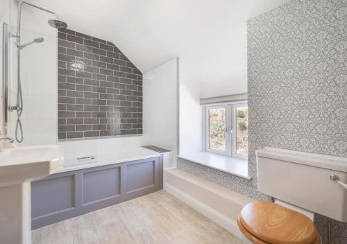 威尔斯浦Dolauceimion的一间带水槽和卫生间的浴室以及窗户。
