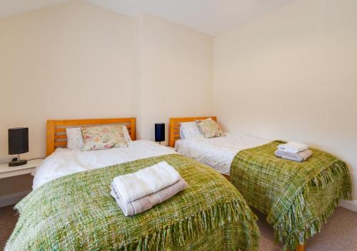 威尔斯浦Dolauceimion的一间卧室配有两张带绿色和白色床单的床