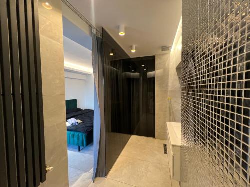 布加勒斯特PENTHOUSE COMPLEX 5 Apartments的浴室设有玻璃门,可通往卧室