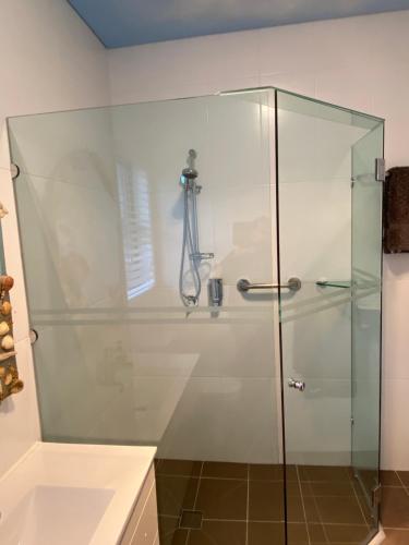 阿勒达拉夫妻宁静度假屋的浴室里设有玻璃门淋浴