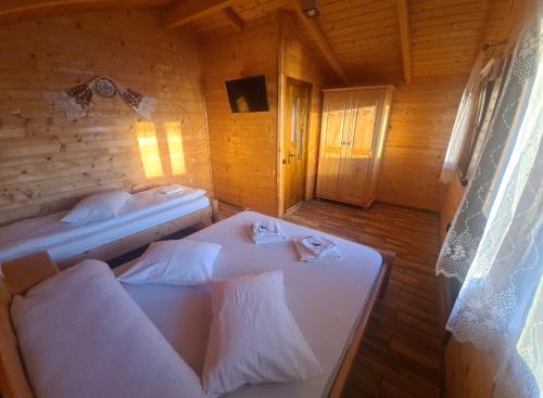 ChişcăuCabanuțele din Lemn的小木屋内带两张床的房间