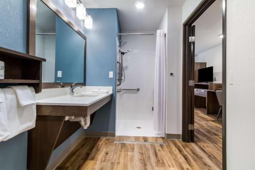 哈里斯堡WoodSpring Suites Harrisburg Linglestown的一间带水槽和淋浴的浴室
