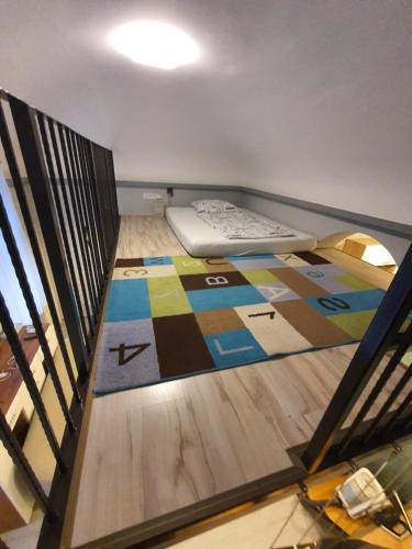德布勒森Belvárosi Exkluzív Loft的一间设有床铺的房间,地板上铺有地毯