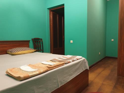SolakOrran Hotel and Resort的一间卧室配有一张蓝色和绿色的墙壁。