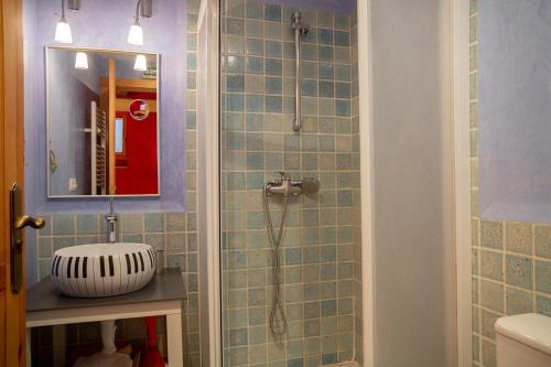 伊萨瓦Garxo Apartamentos的带淋浴、水槽和镜子的浴室