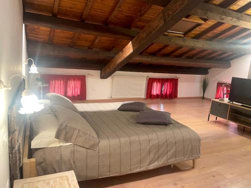 Monticello Conte OttoAlbaspina BioAgriturismo的一间卧室配有一张大床和电视