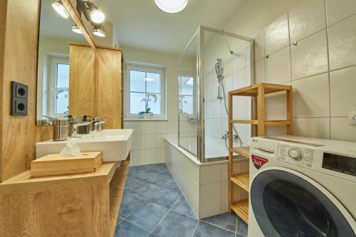 萨尔巴赫Appartement Iglsberg Top 7的一间带洗衣机和水槽的浴室
