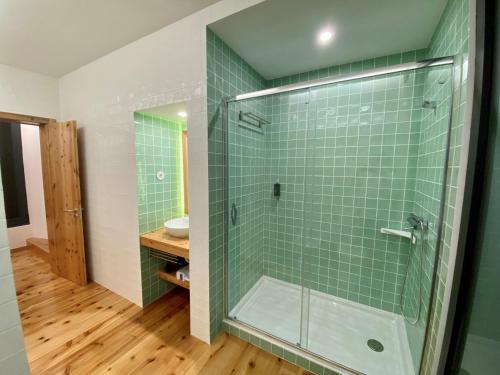 卡罗拉Nature & Sea - Casa Vinhateira East Duplex的浴室设有绿色瓷砖和淋浴。