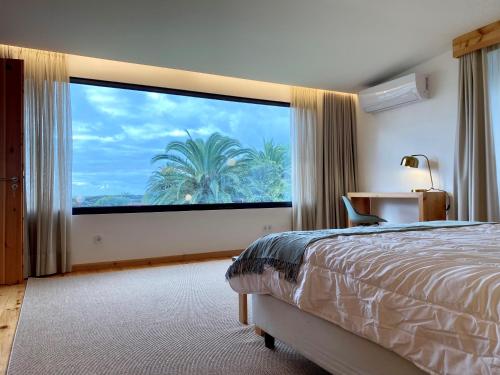 卡罗拉Nature & Sea - Casa Vinhateira East Duplex的一间卧室设有一扇带棕榈树的大窗户