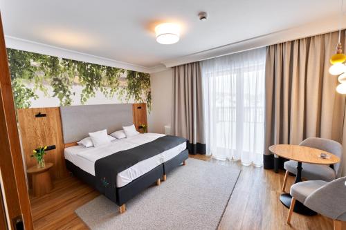 斯沃尔纳加西耶Chaber Apartamenty的酒店客房带一张床、一张桌子和椅子
