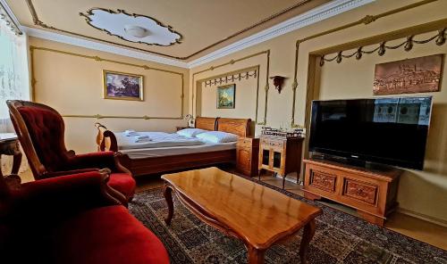 洛乌尼联合酒店的客厅配有床和平面电视