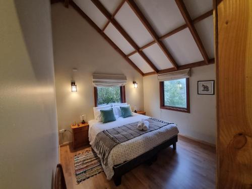 瓦尔迪维亚Hostel Torobayo的一间卧室配有一张带蓝色枕头的大床