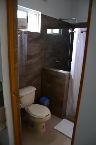维多利亚城HOTEL MONARCA的一间带卫生间和淋浴的小浴室