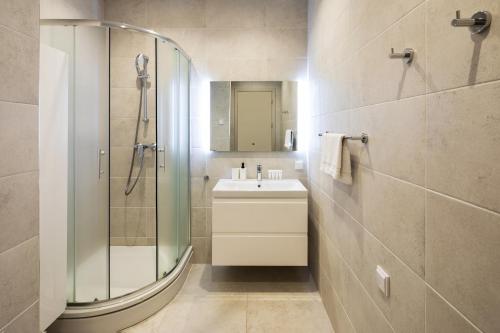 里加Riverside Design Apartment with underground private parking的带淋浴、盥洗盆和镜子的浴室