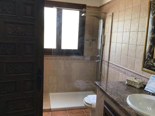 Ermita NuevaLuxury Spanish Country House close to Granada & Sierra Nevada的带淋浴、盥洗盆和卫生间的浴室