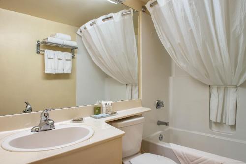 里贾纳Travelodge Suites by Wyndham Regina - Eastgate Bay的一间带水槽、卫生间和镜子的浴室