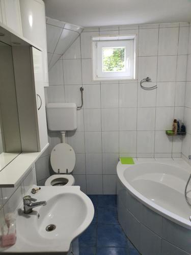 代尔尼采Apartman Runolist的浴室配有卫生间、盥洗盆和浴缸。