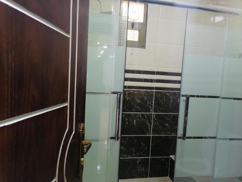 瓦迪穆萨Petra Guests home的带淋浴的浴室和玻璃门