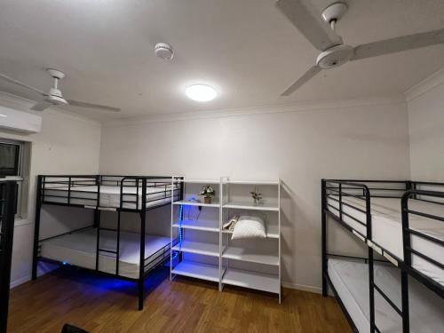 班达伯格Tomato Backpackers的一间设有两张双层床和蓝色架子的房间