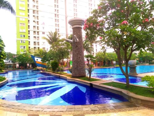 雅加达Tiny studio with pool, jogging track, gym and Mall的一座位于城市的游泳池,有高大的建筑