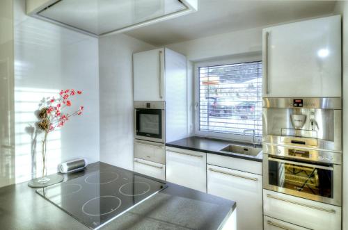 萨菲登安斯泰内嫩米尔达斯利希滕贝格东区别墅的厨房配有白色橱柜和炉灶烤箱。