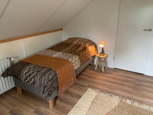 MaarnHet Slakkenhuisje的一间卧室配有一张床和一张带台灯的桌子