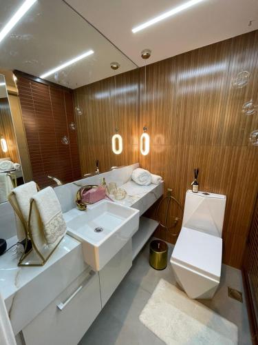 里约热内卢Flat Moderno e decorado Lapa-RJ的一间带水槽、卫生间和镜子的浴室