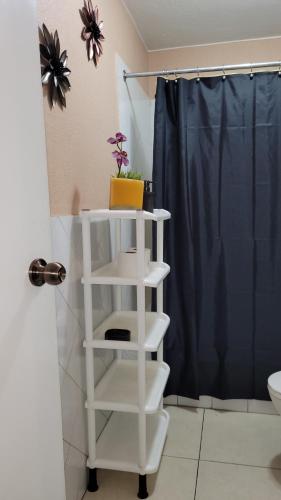危地马拉apartamento 407 zona 9的浴室内的白色架子,配有蓝色的浴帘