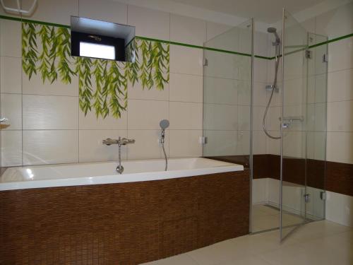 亚诺夫纳德尼索Penzion Pod Kopcem的设有带浴缸和淋浴的浴室。