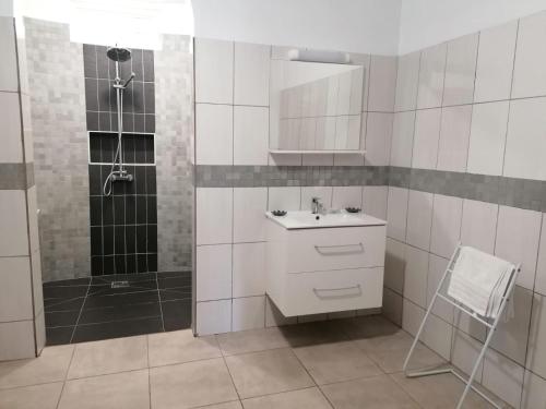 Rémire-CampLogement de 100 m carré的白色的浴室设有水槽和淋浴。