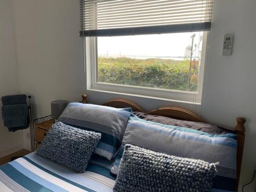 布里斯托Old Ferry View的卧室配有带枕头的床铺和窗户。