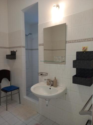 纳霍德Apartmán Maršík的一间带水槽、镜子和淋浴的浴室