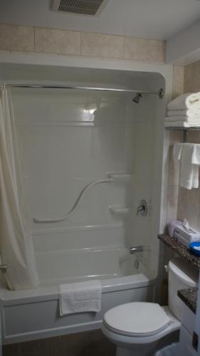 彼得伯勒罗布恩汽车旅馆的带浴缸、卫生间和淋浴的浴室。
