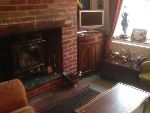 费克纳姆Melody House的客厅设有壁炉和电视。