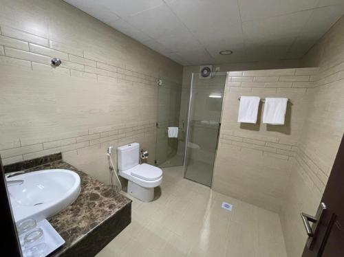马斯喀特ROYAL HOTEL的一间带水槽、卫生间和淋浴的浴室