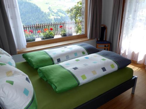 CumbelsDado Casanova的一张带绿色和白色枕头的床和窗户