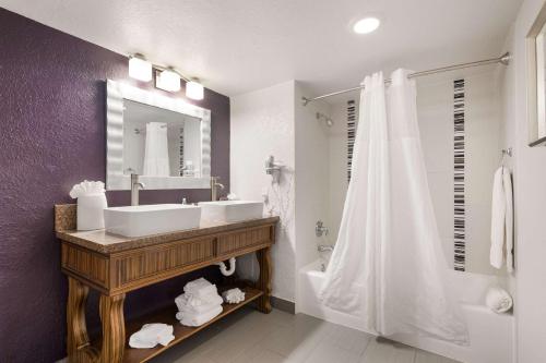 奥兰多Clarion Inn & Suites Across From Universal Orlando Resort的一间带水槽、镜子和淋浴的浴室