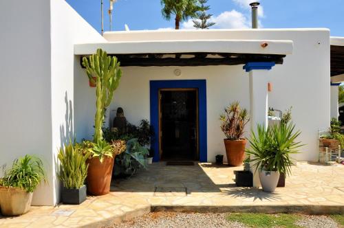 伊维萨镇Villa Can Blau Ibiza的白色的房子,有蓝色的门和盆栽植物