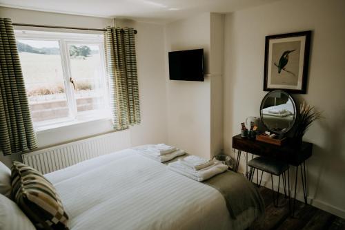 阿斯克The Lodge by Cefn Tilla的一间卧室配有一张床、镜子和窗户