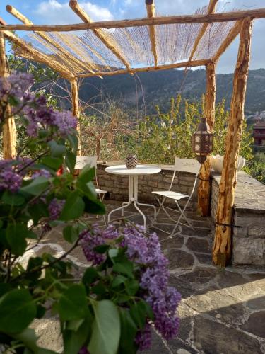 AmpelochórionAlexadras Guesthouse的一个带桌子和紫色花的庭院