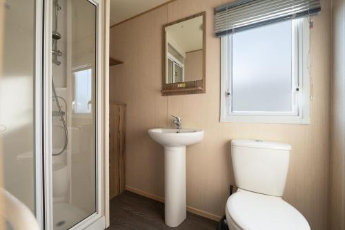 克利索普斯Waterside, Thorpe Park Cleethorpes Static Caravan的一间带卫生间、水槽和镜子的浴室