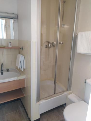 Breuillet努沃莫德酒店的带淋浴、盥洗盆和卫生间的浴室