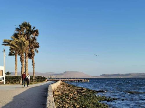 帕拉卡斯AQUAMARINE PARACAS Beach Hostal的水边人行道上骑马的人