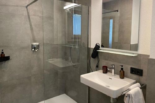 圣安东阿尔贝格Haus Pitzi的一间带水槽和玻璃淋浴的浴室